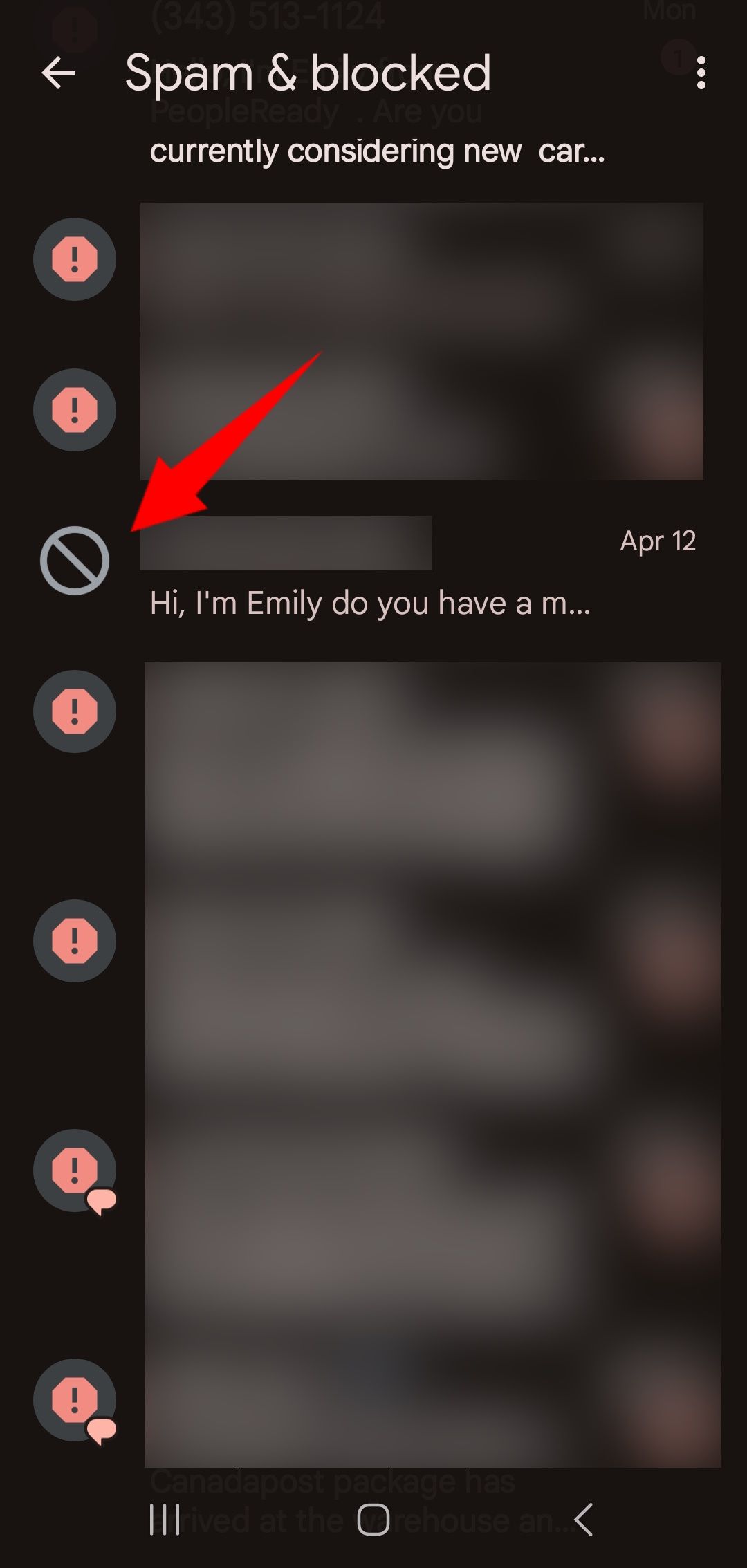 spam & blocked messages list with red solid arrow pointing to a blocked contact