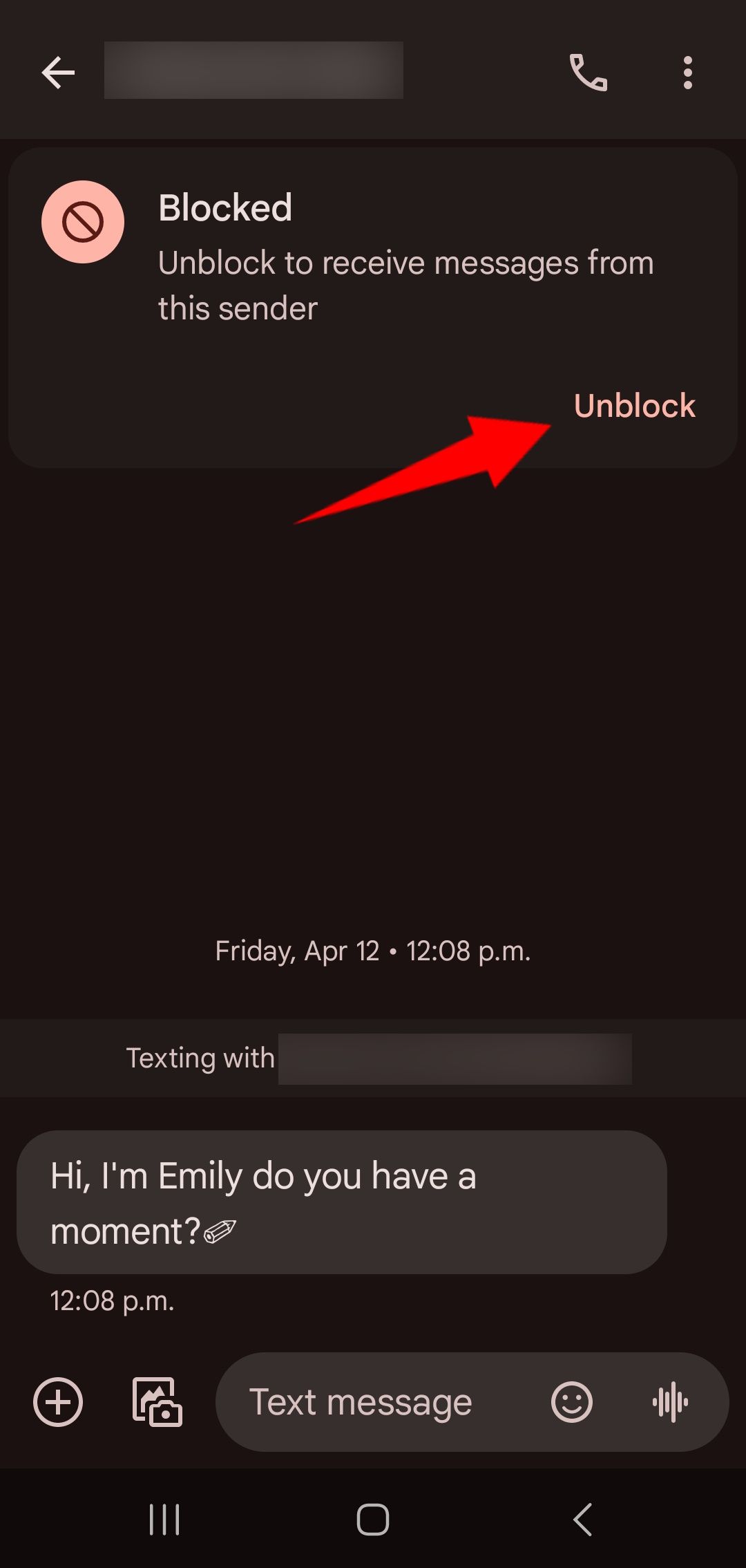 red solid arrow pointing to unblock button in a blocked message history in google messages