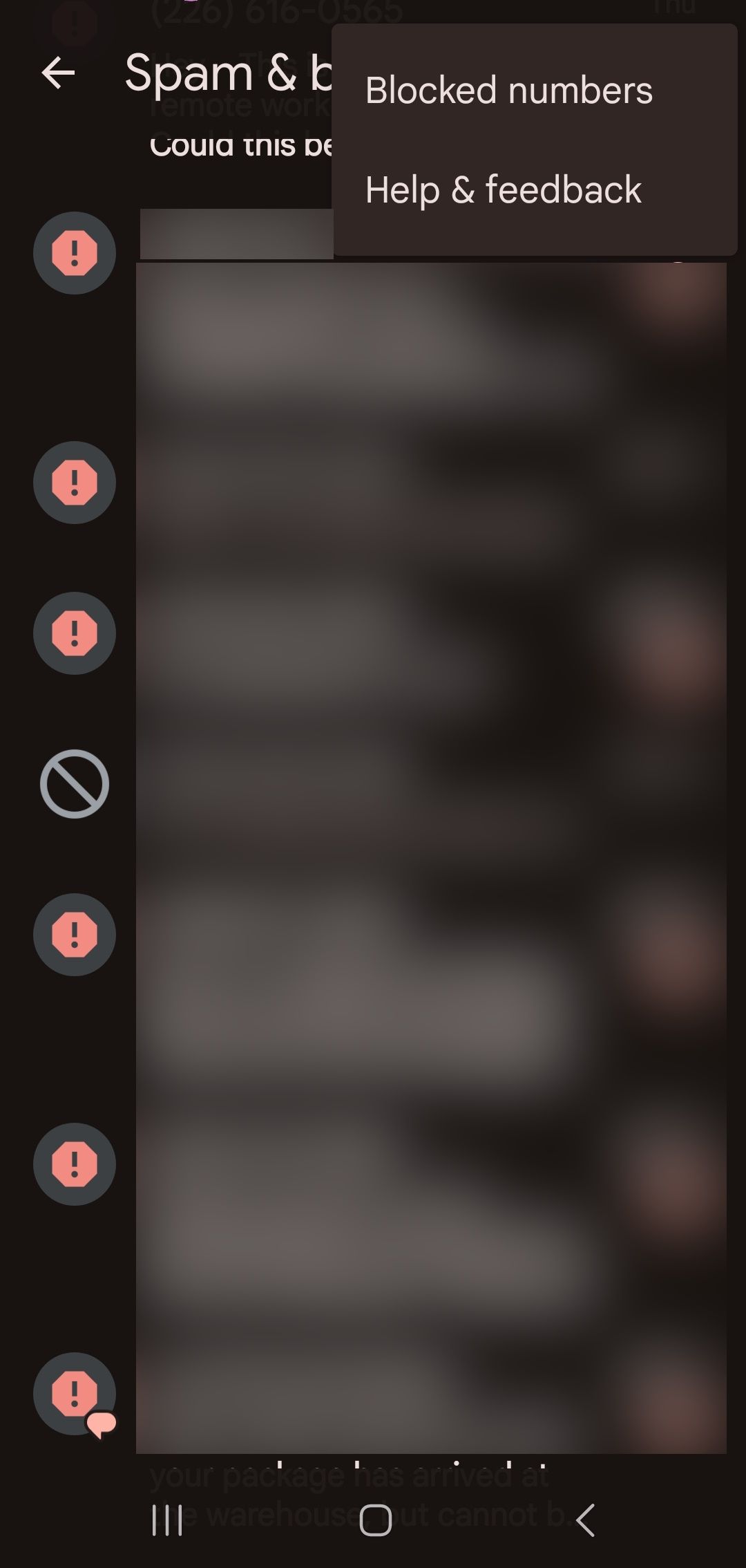 blocked numbers and help & feedback displayed in more options in spam & blocked page on google messages app