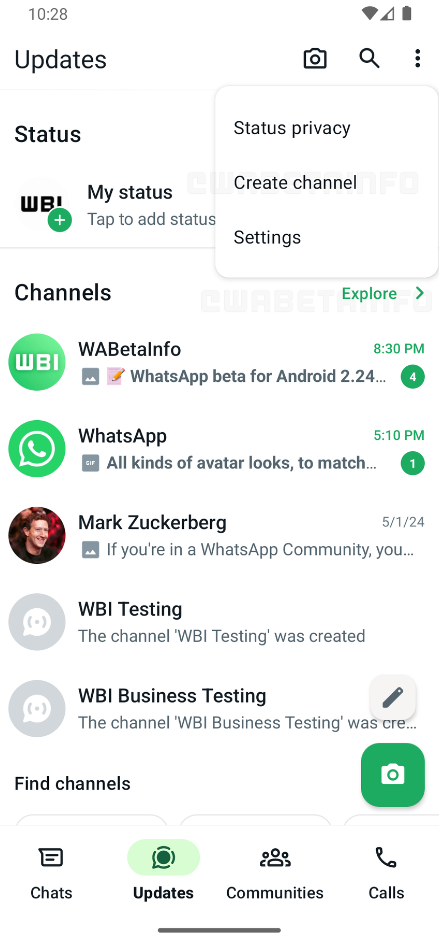 A screenshot of the WhatsApp Updaes menu showing the new location of the create channel button.