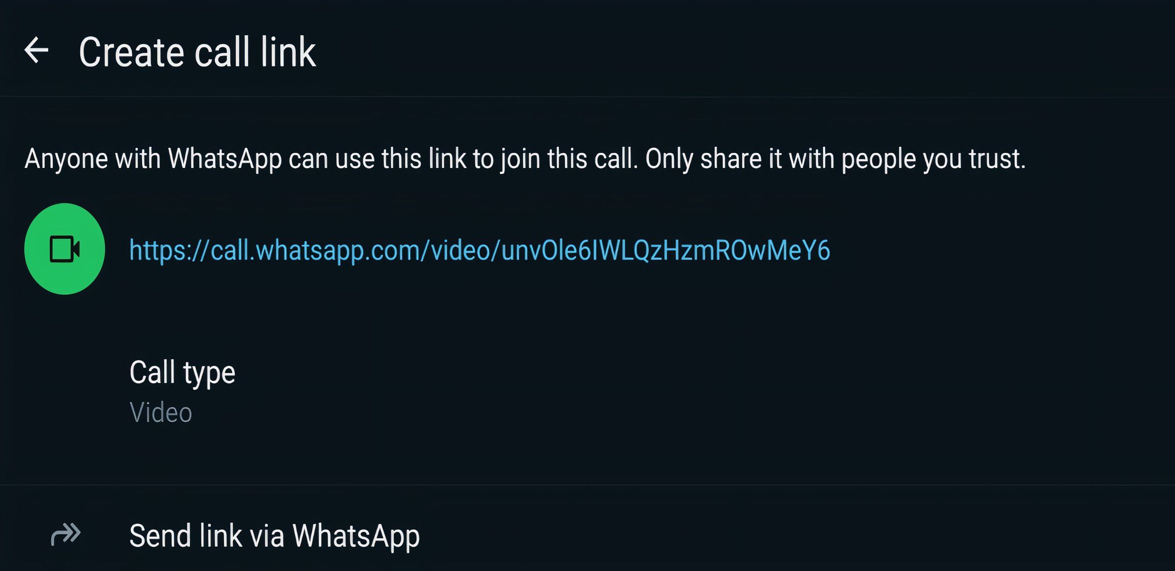 A screenshot of a Whatsapp call links generated call link