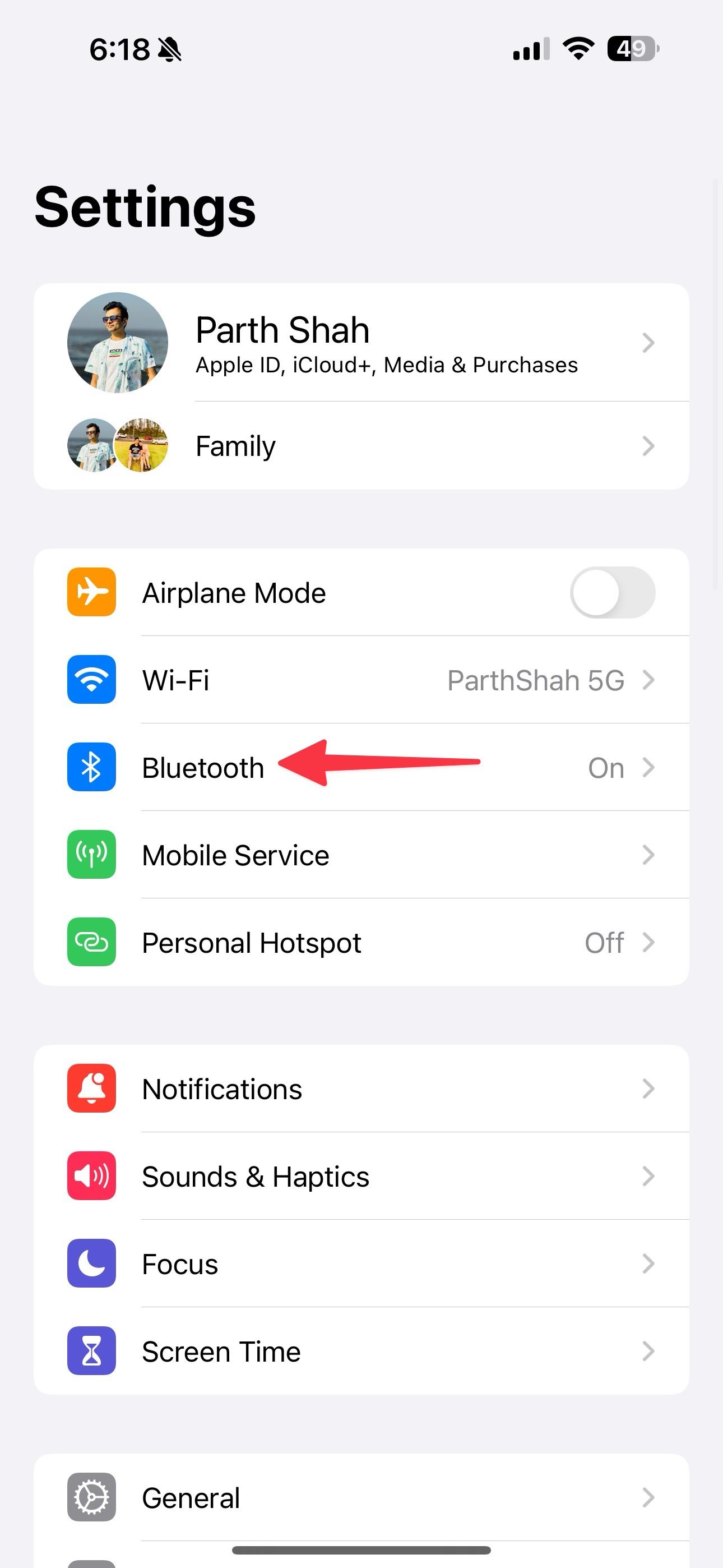 Bluetooth menu on iPhone