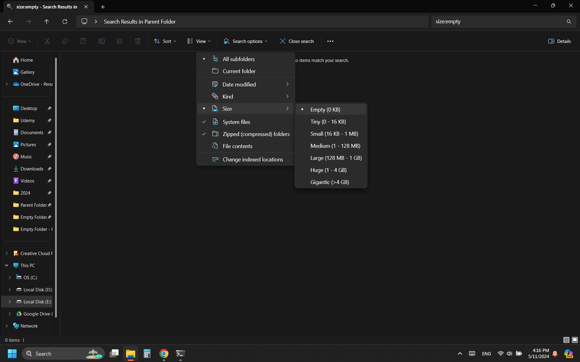 Screenshot of Windows File Explorer displaying the search results for 'size:empty' with the size filter options open, showing 'Empty (0 KB)' selected.