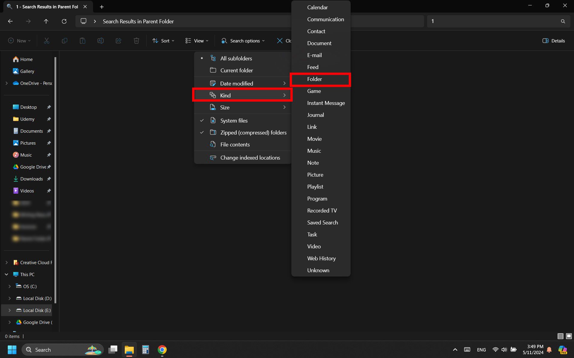 Screenshot of Windows File Explorer displaying the search results for 'type:folder' with the type filter options open, showing 'folder' selected.