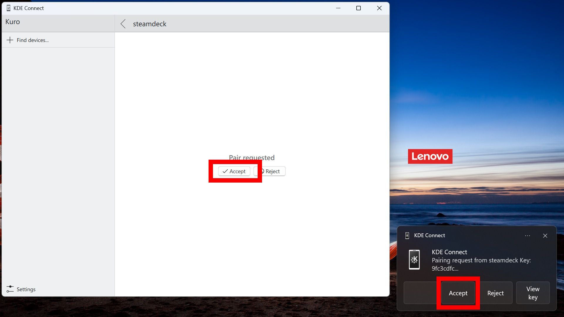 red rectangle outlines over accept in kde connect app on windows pc