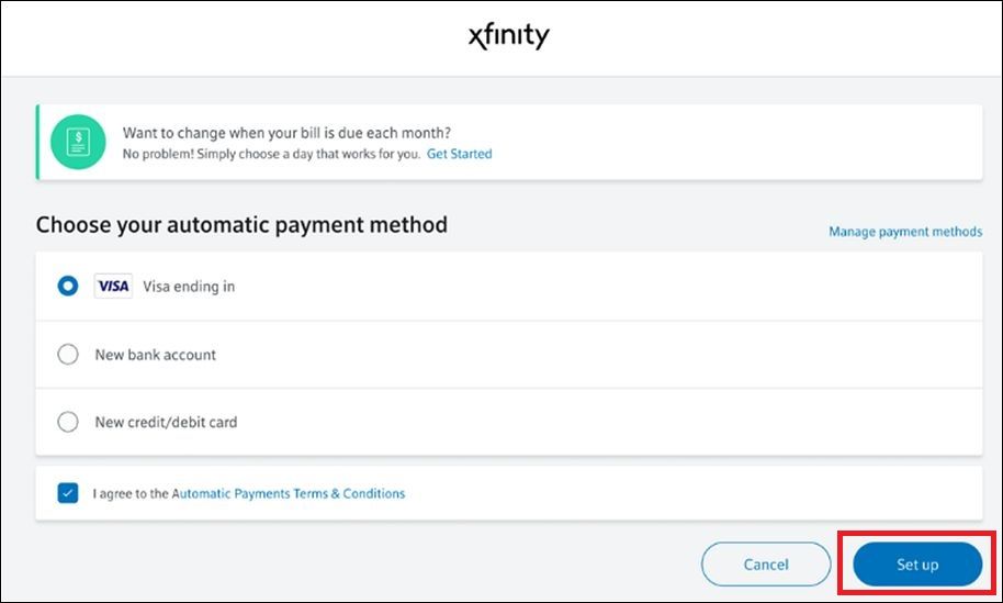 Screenshot highlighting the Set Up option for Xfinity 