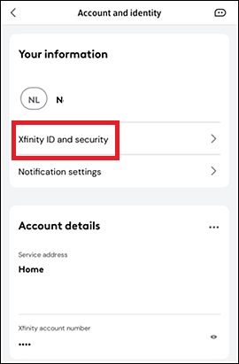 Screenshot highlighting Xfinity ID and Security on the Xfinity app