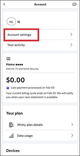 Screenshot highlighting Account setting on the Xfinity app