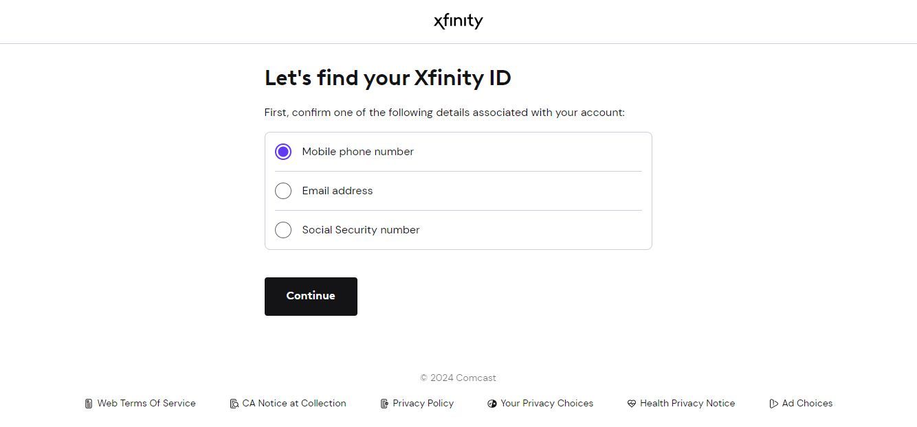 Screenshot of the Xfinity ID lookup page