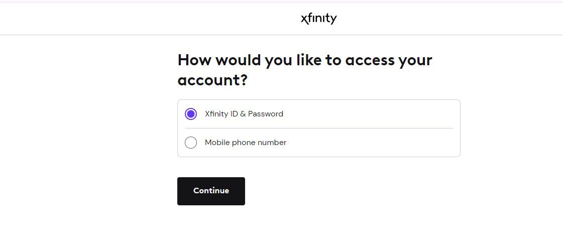 Screenshot of the login screen on the Xfinity website