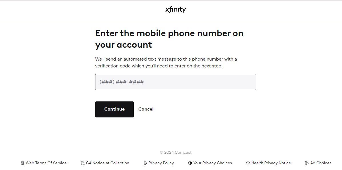 Screenshot of the mobile phone login screen on the Xfinity website