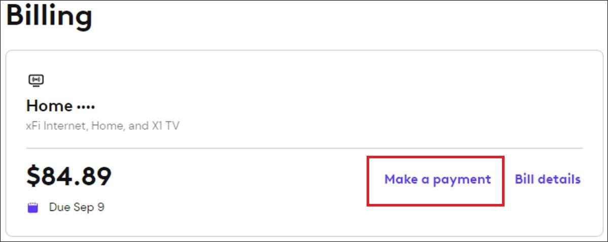 Screenshot highlighting the Make a payment option for Xfinity 