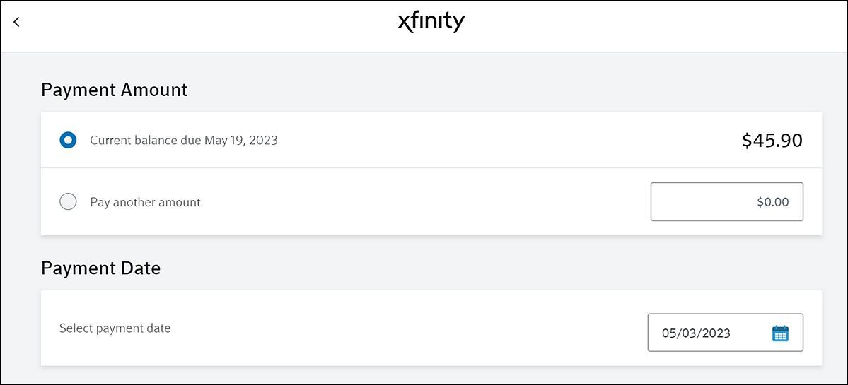 Screenshot showing the payment options for Xfinity 
