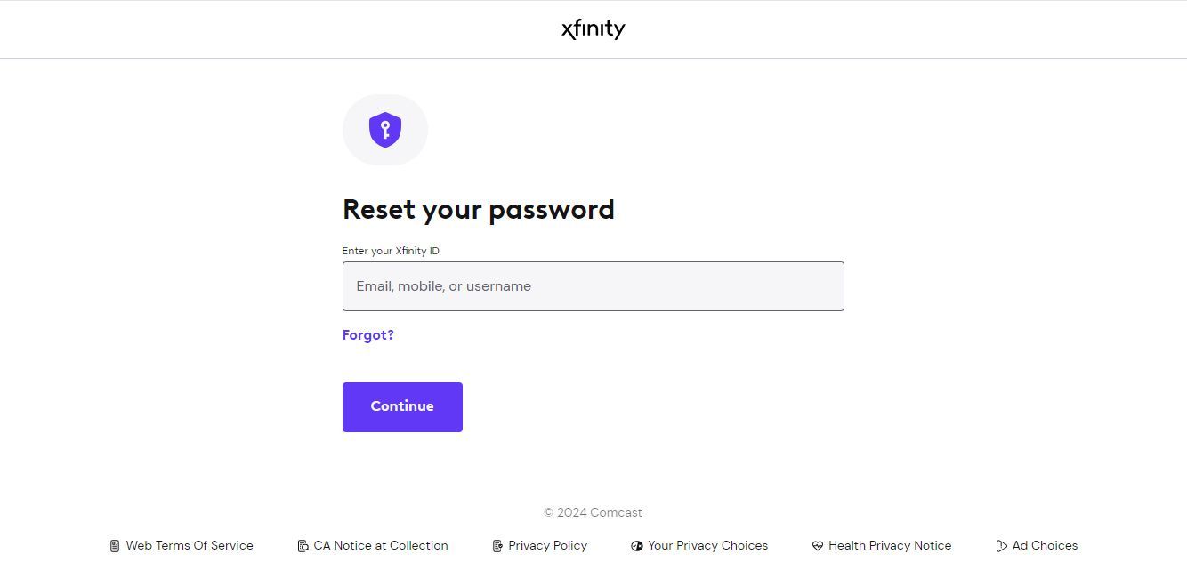 Screenshot of the reset password page on the Xfinity website