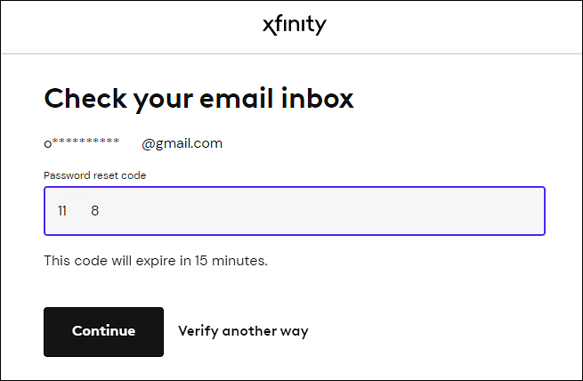 Screenshot of the password reset code on the Xfinity website