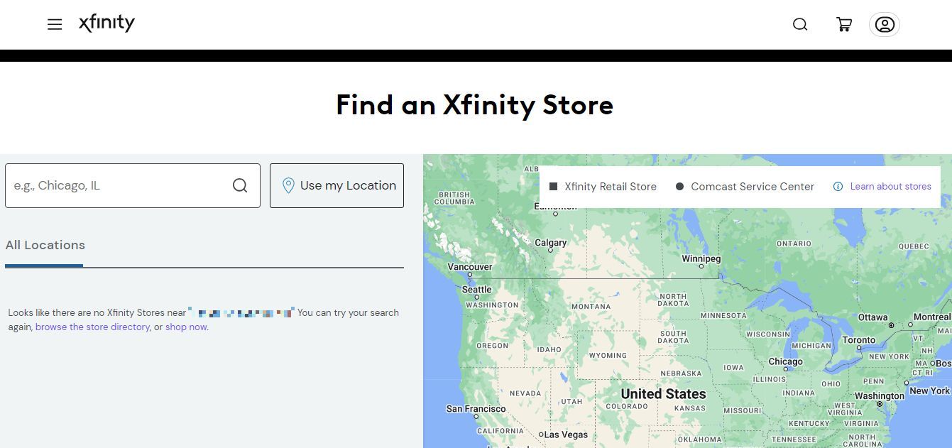 Screenshot of the store locator on the Xfinity website