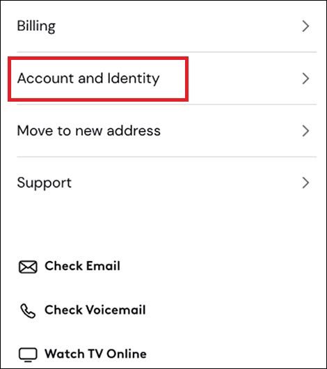 Screenshot highlighting Account and identity on the Xfinity website