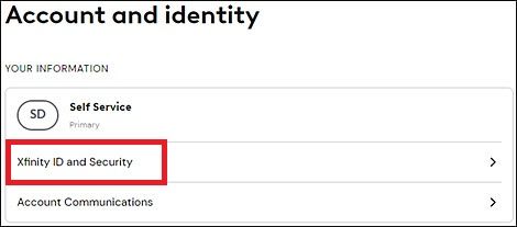 Screenshot highlighting Xfinity ID and Security on the Xfinity website
