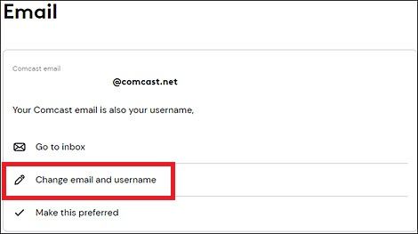 Screenshot highlighting Change email and username on the Xfinity website