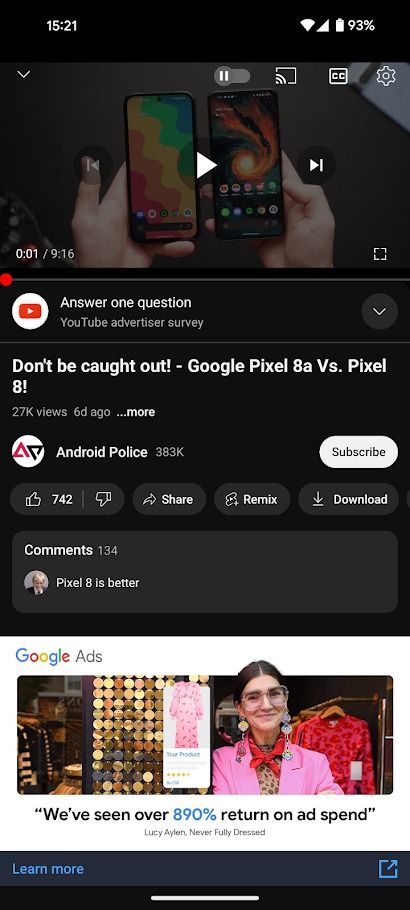 youtube mobile app playing video