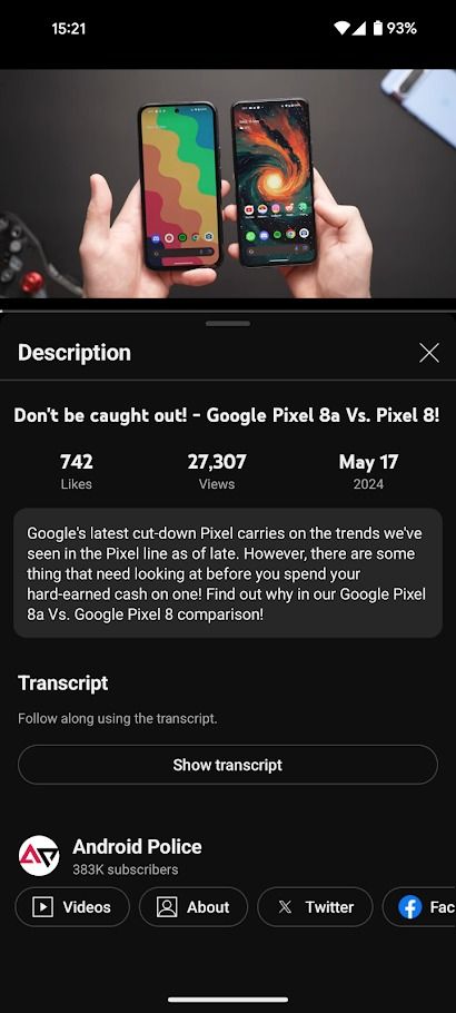 youtube mobile app playing video with description