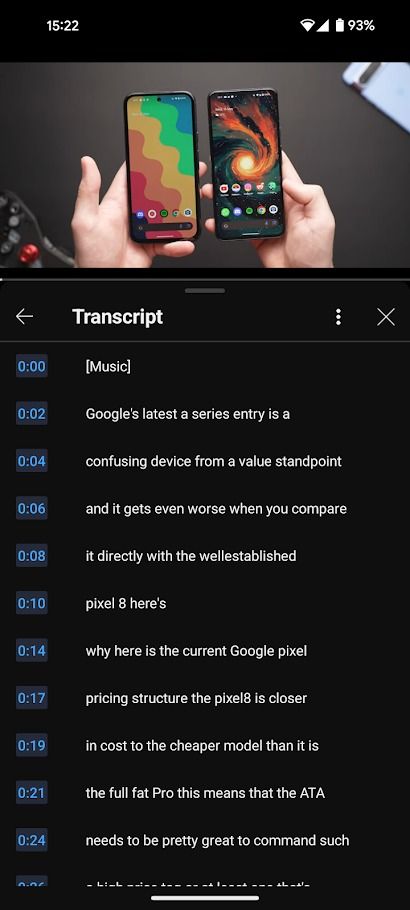 youtube mobile app playing video with transcription