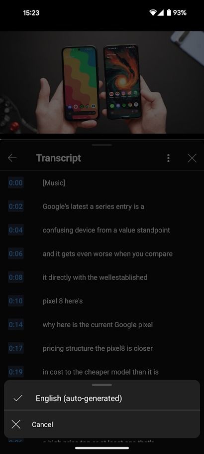 youtube mobile app playing video with transcription