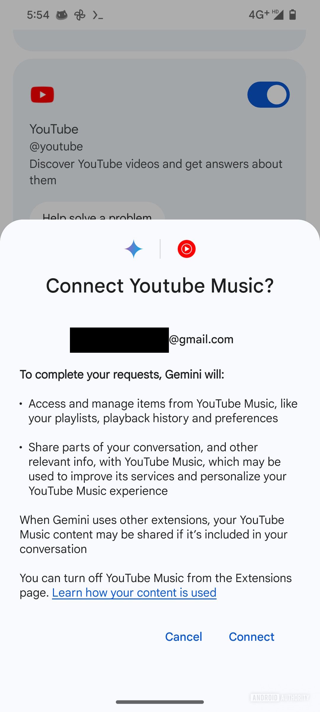 Screenshot of an upcoming YouTube Music extension for Google Gemini