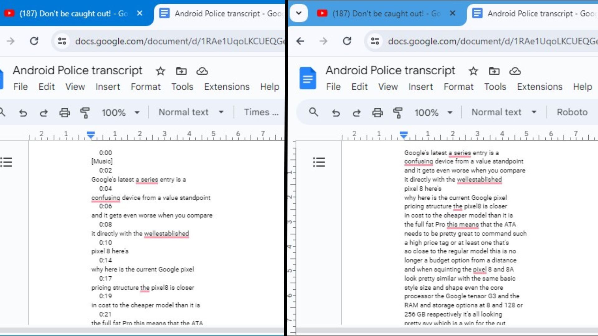two google doc files showing youtube video transcripts
