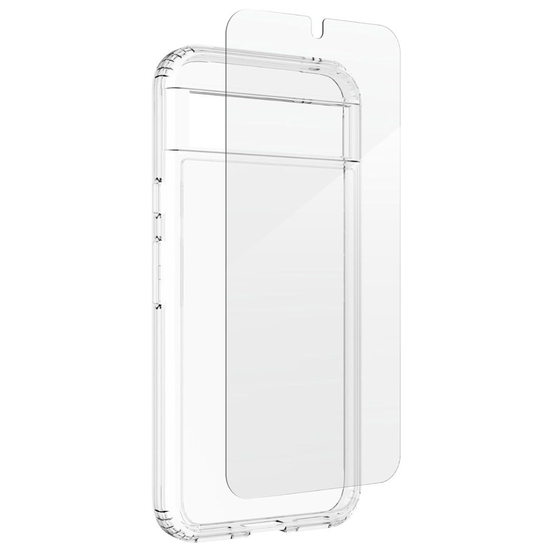 A transparent phone case overlayed with a clear screen protector on a white background