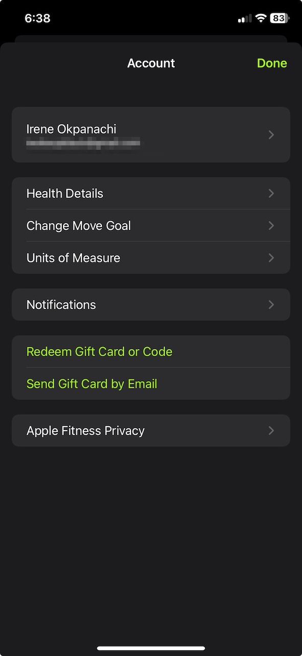 Account menu on Apple Fitness app