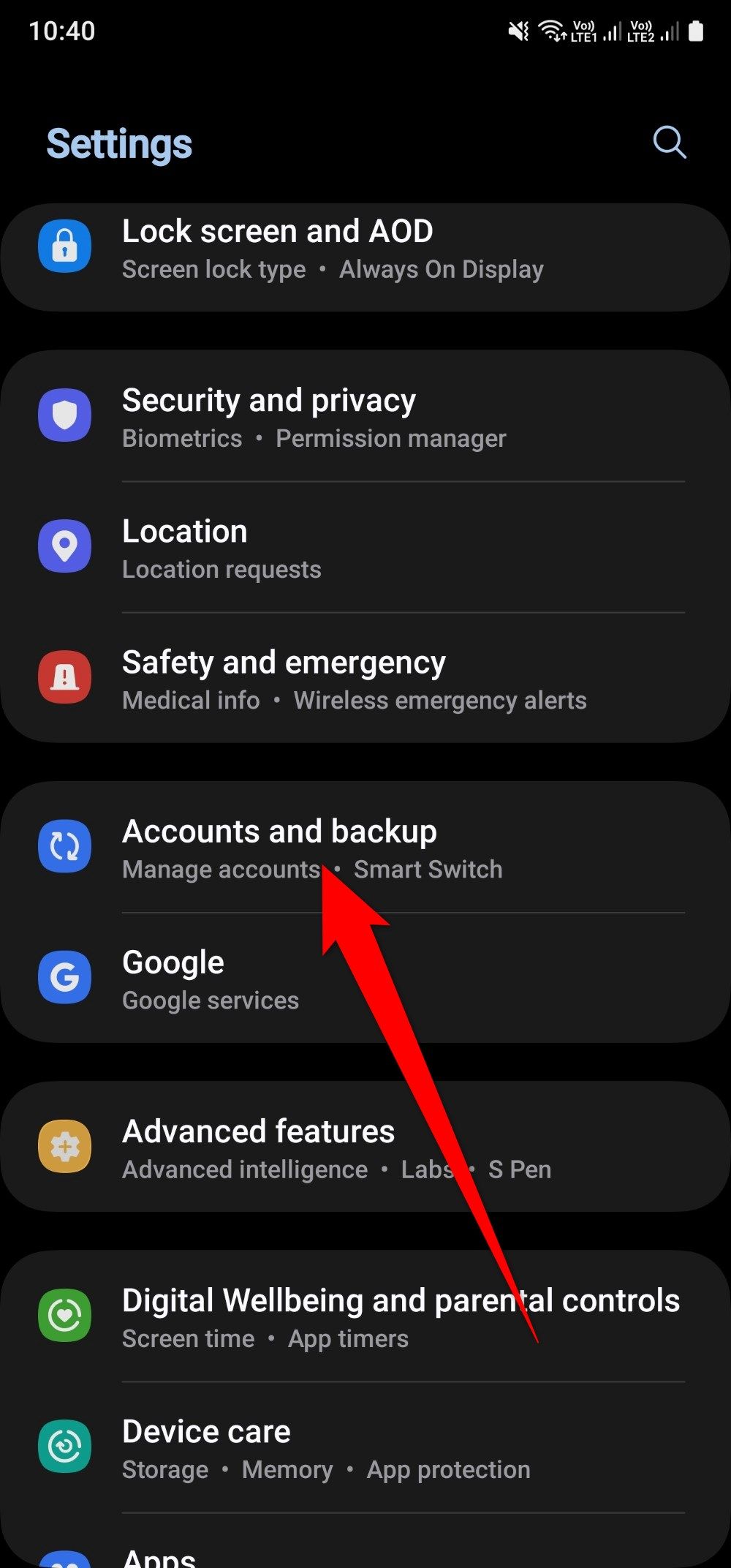 Account and backup setting on a Samsung Galaxy A15 phone