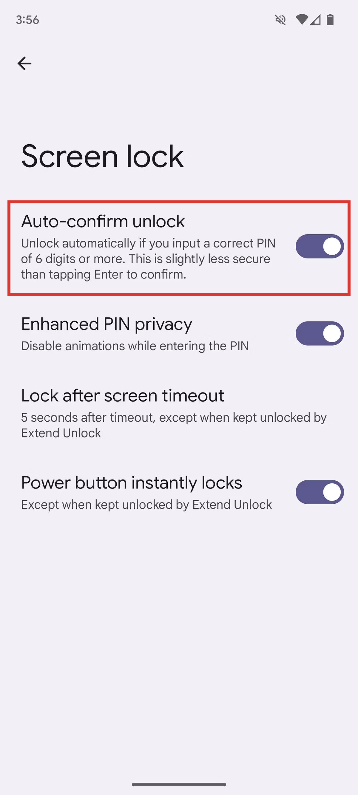 Android 14 settings screen lock auto-confirm unlock setting