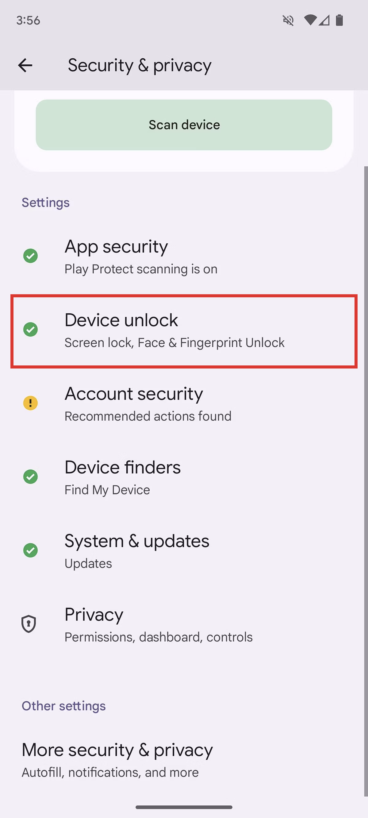 Android 14 settings security and privacy device unlock setting