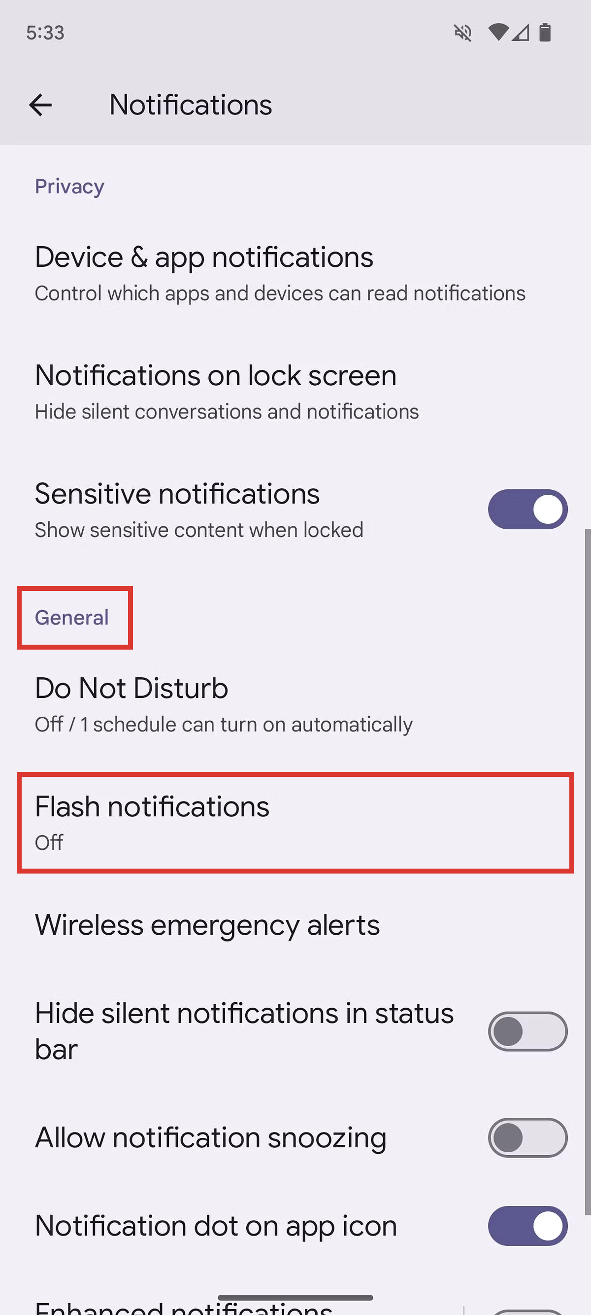 Android 14 settings menu notification settings flash notifications setting