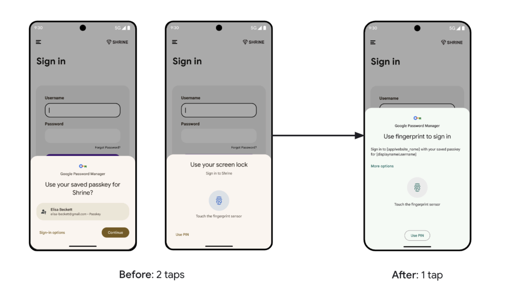 Android 15 Beta 3 showing passkeys moving from two taps to one.