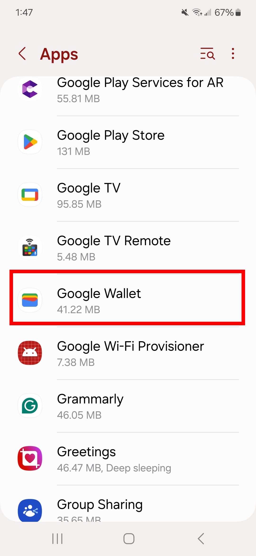 Red rectangle outline over Google Wallet in Apps list on Android phone