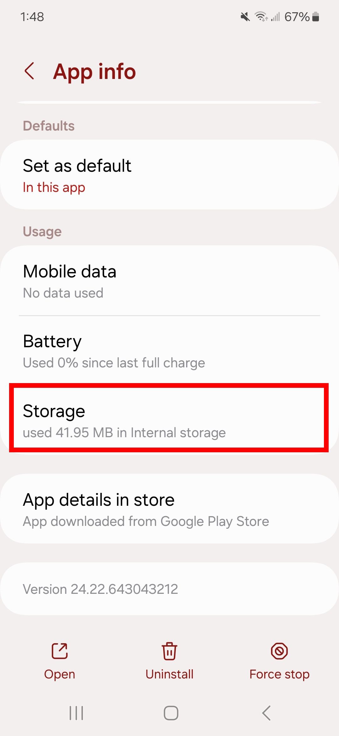 Red rectangle outline over Storage option in App info
