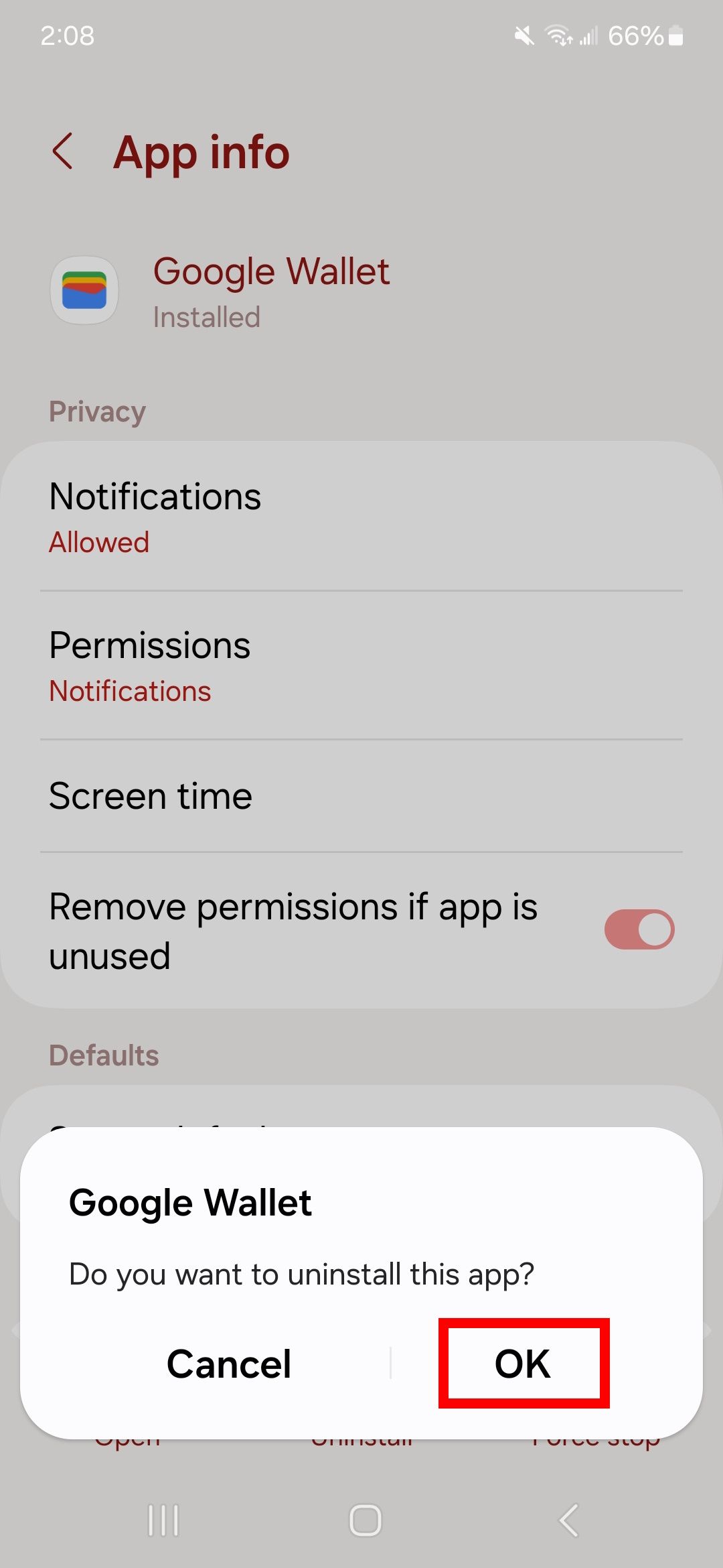 Red rectangle outline over Ok option to confirm the uninstall of Google Wallet
