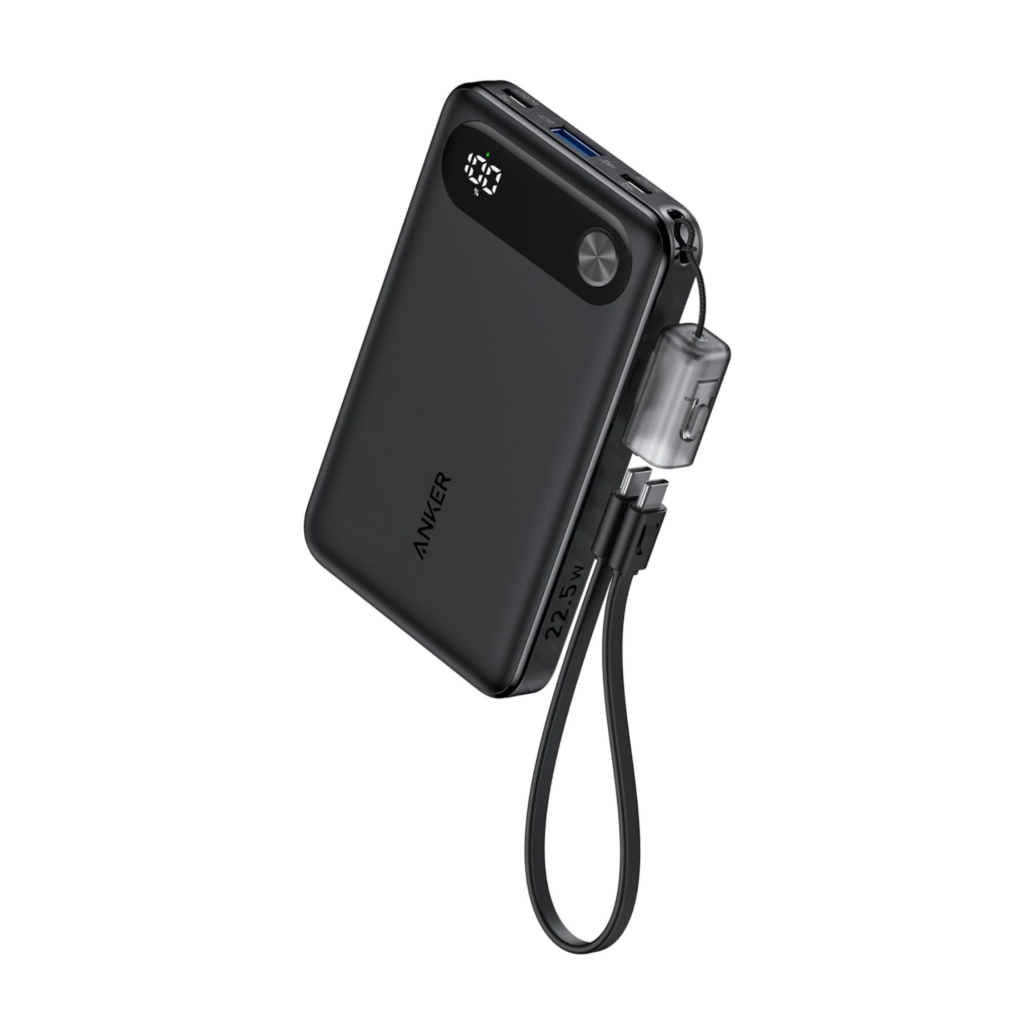 Black Anker power bank with lanyard on white background