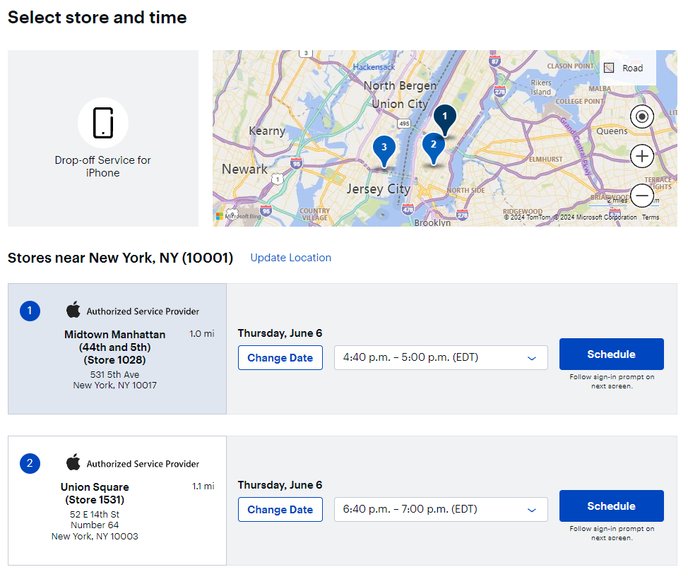 A screenshot of Best Buy's website that shows several authorized locations where an Apple repair can be scheduled.