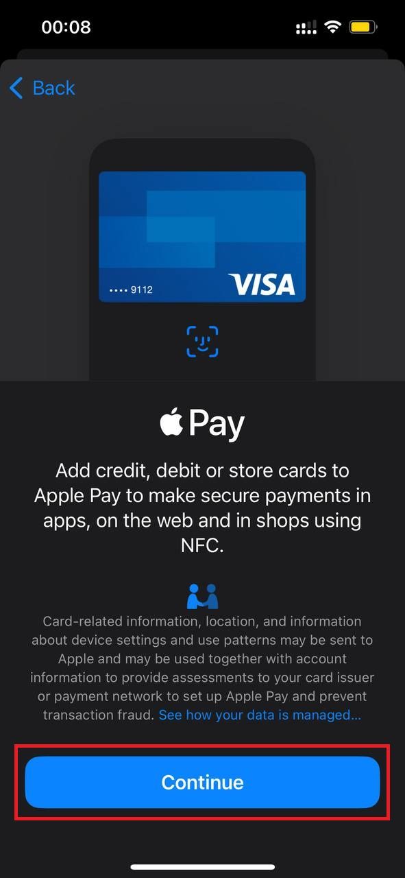 Screenshot highlighting Continue in the Apple Wallet app