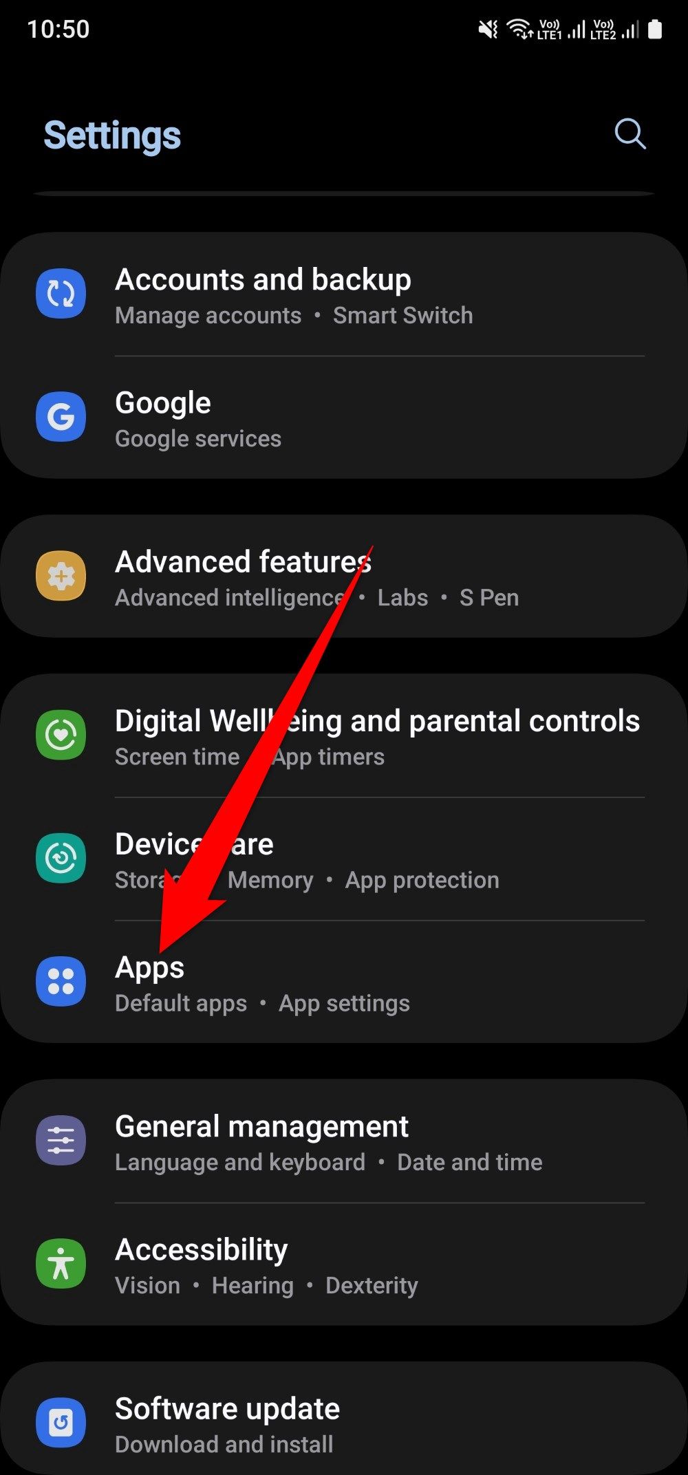 Screenshot showing the apps setting on a Samsung Galaxy A25