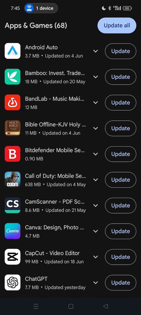 Available updates in Google Play Store