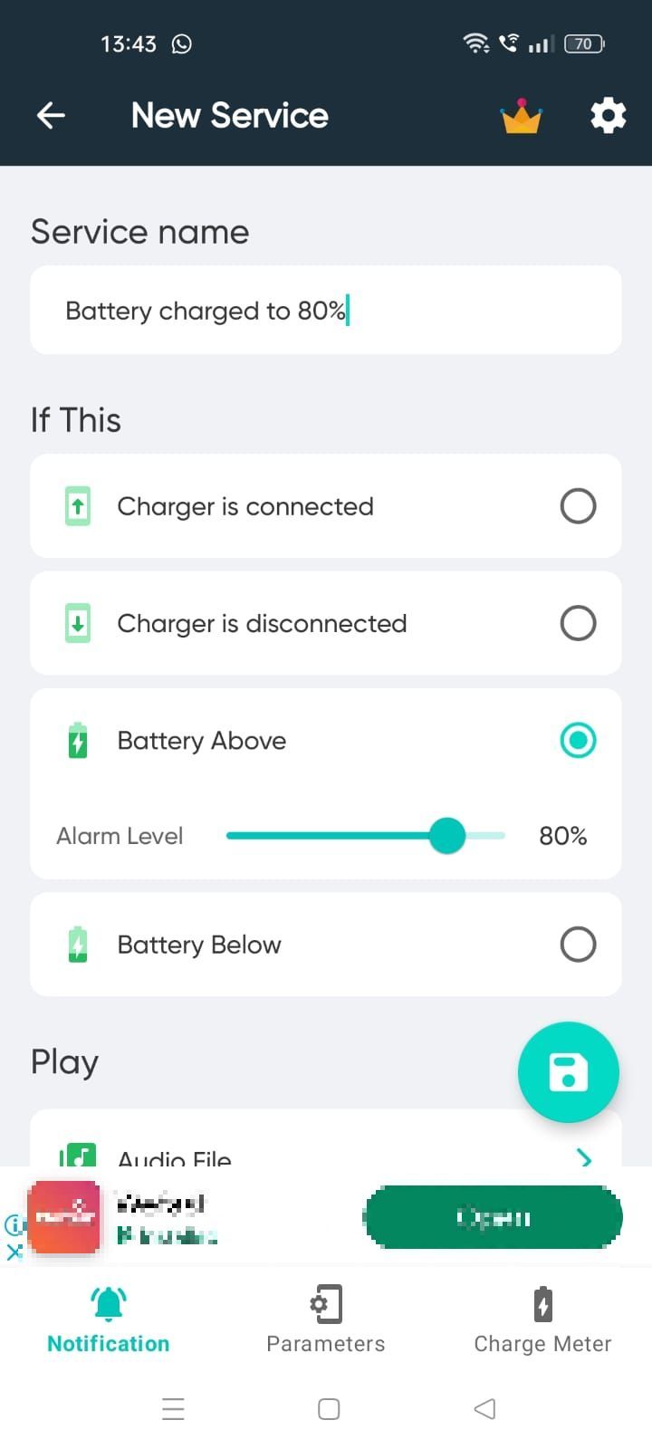 Screenshot showing the Battery Level button in the Battery Charge Alert app