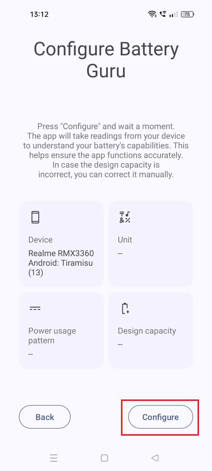 Screenshot highlighting Configure in the Battery Guru app