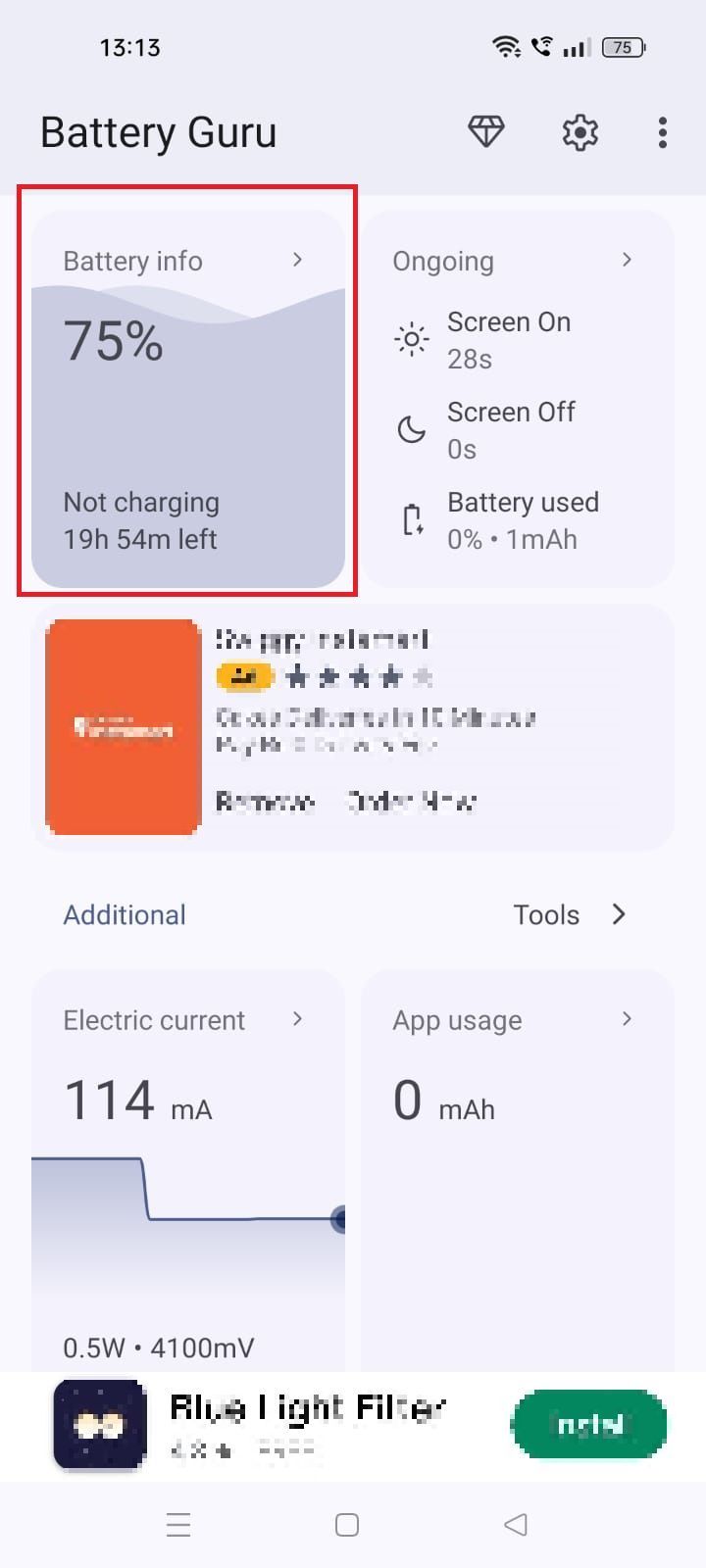 Screenshot highlighting Battery info in the Battery Guru app