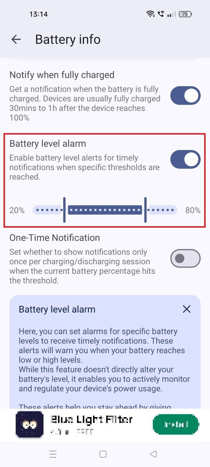 Screenshot highlighting Battery level alarm in the Battery Guru app