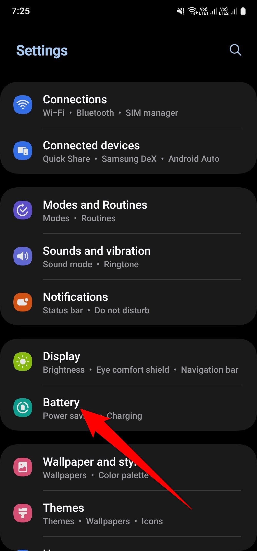 Battery settings on a Samsung Galaxy A15 5G phone