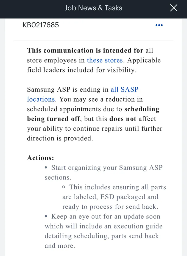 A screenshot of Best Buy's internal communication that indicates that the authorized service provider program is coming to an end, and that employees should be ready to send parts back to Samsung 